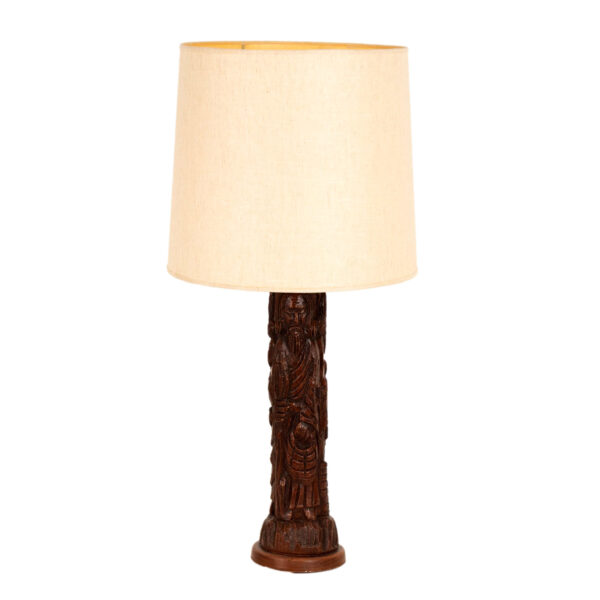 Vintage Carved Wood Lamp with Off White Shade - Image 1