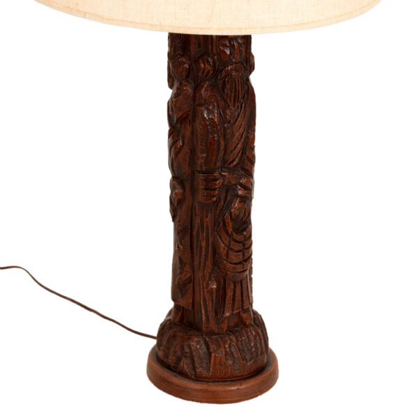 Vintage Carved Wood Lamp with Off White Shade - Image 2