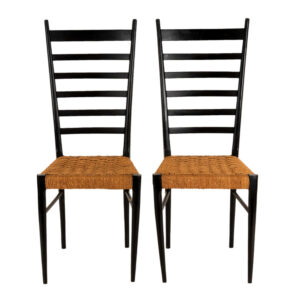Vintage Pair of Gio Ponti Style Ladder Back Chairs with Rush Seats