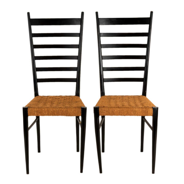Vintage Pair of Gio Ponti Style Ladder Back Chairs with Rush Seats - Image 1