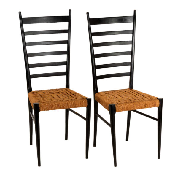 Vintage Pair of Gio Ponti Style Ladder Back Chairs with Rush Seats - Image 2