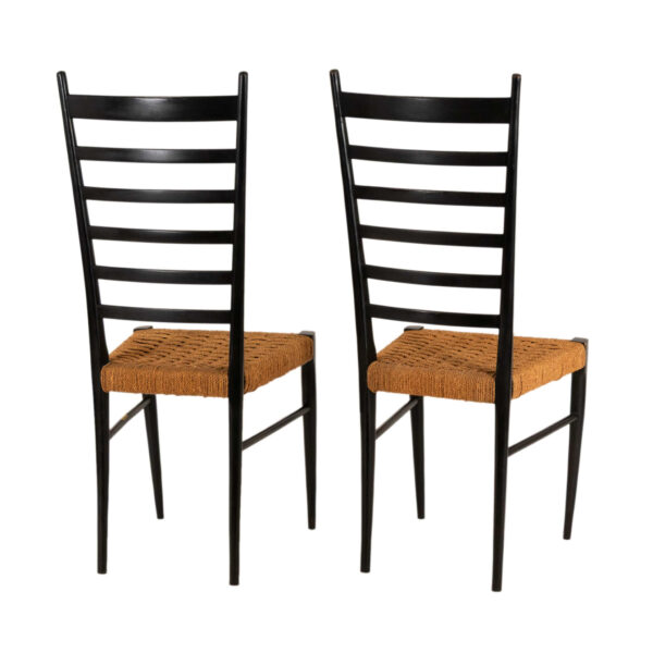 Vintage Pair of Gio Ponti Style Ladder Back Chairs with Rush Seats - Image 6