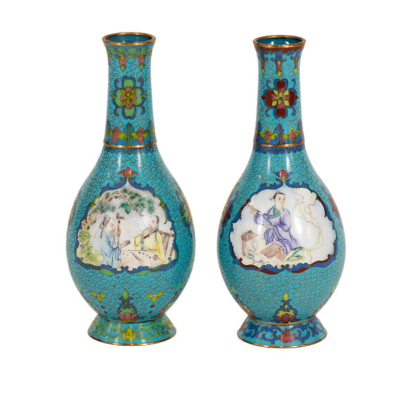 Pair of Chinese Cloisonne Vases in Teal - Image 1