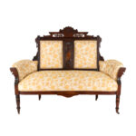 Eastlake Victorian Carved Walnut Settee with Gold Floral Upholstery
