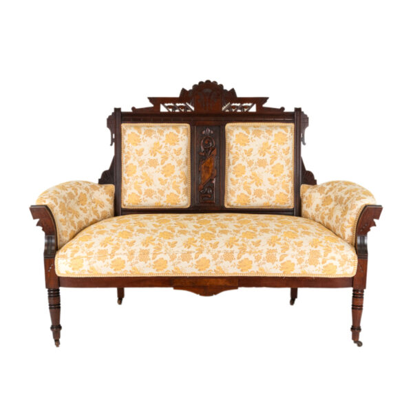 Eastlake Victorian Carved Walnut Settee with Gold Floral Upholstery - Image 1
