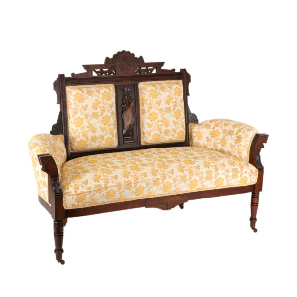 Eastlake Victorian Carved Walnut Settee with Gold Floral Upholstery - Image 2