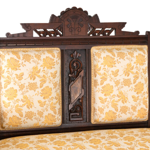 Eastlake Victorian Carved Walnut Settee with Gold Floral Upholstery - Image 3