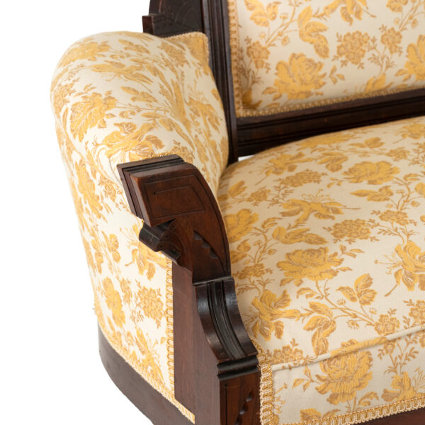 Eastlake Victorian Carved Walnut Settee with Gold Floral Upholstery - Image 4