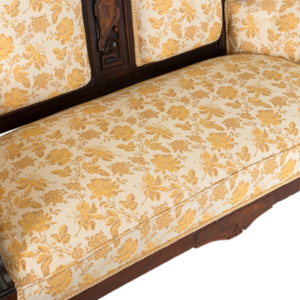 Eastlake Victorian Carved Walnut Settee with Gold Floral Upholstery - Image 5
