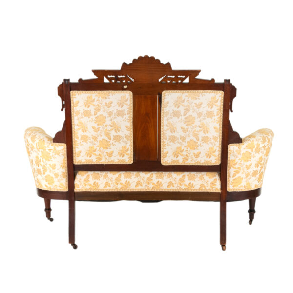 Eastlake Victorian Carved Walnut Settee with Gold Floral Upholstery - Image 7