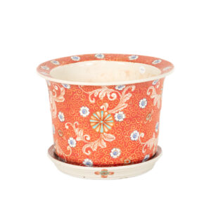 Red and White Hand Painted Planter with Underplate
