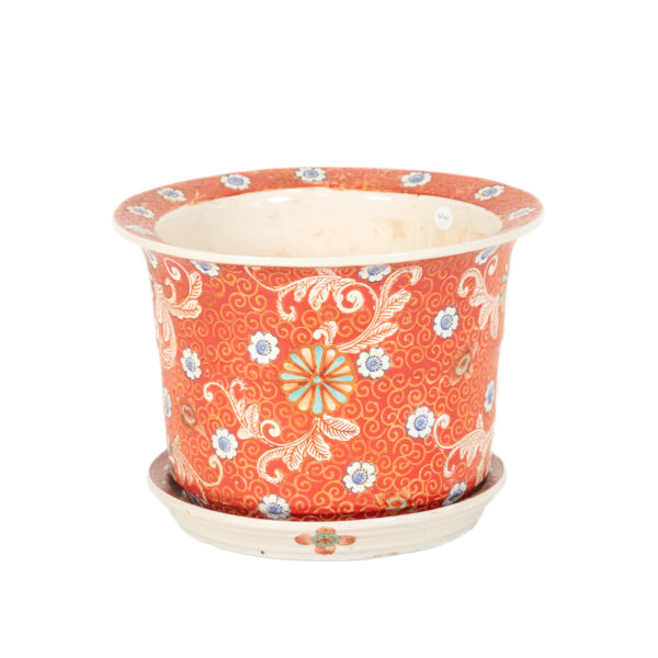 Red and White Hand Painted Planter with Underplate - Image 1