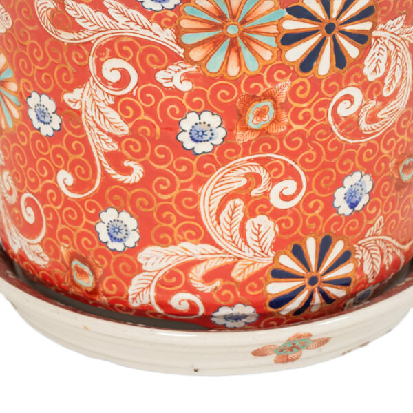 Red and White Hand Painted Planter with Underplate - Image 3