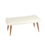 Vintage Mid Century Modern Bench with White Button Tufted Faux Leather