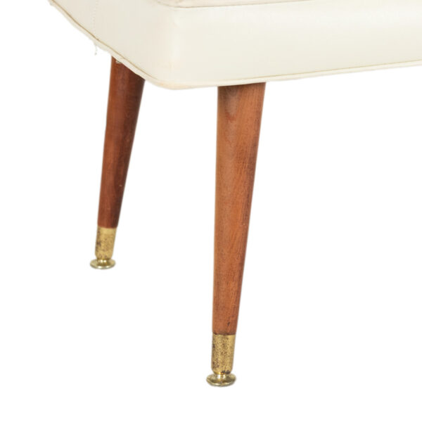 Vintage Mid Century Modern Bench with White Button Tufted Faux Leather - Image 3