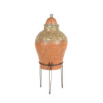 Antiqued Ceramic Urn with Lid on Hairpin Metal Stand