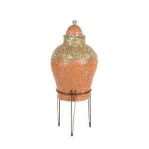 Antiqued Ceramic Urn with Lid on Hairpin Metal Stand