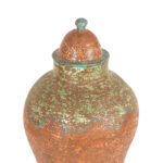 Antiqued Ceramic Urn with Lid on Hairpin Metal Stand - Image 2