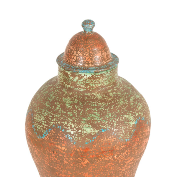 Antiqued Ceramic Urn with Lid on Hairpin Metal Stand - Image 2