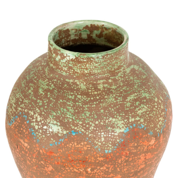 Antiqued Ceramic Urn with Lid on Hairpin Metal Stand - Image 3