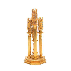 Vintage Gothic Revival Bohemian Gilded Brass Tower Table Lamp with Orange Crystal Drops