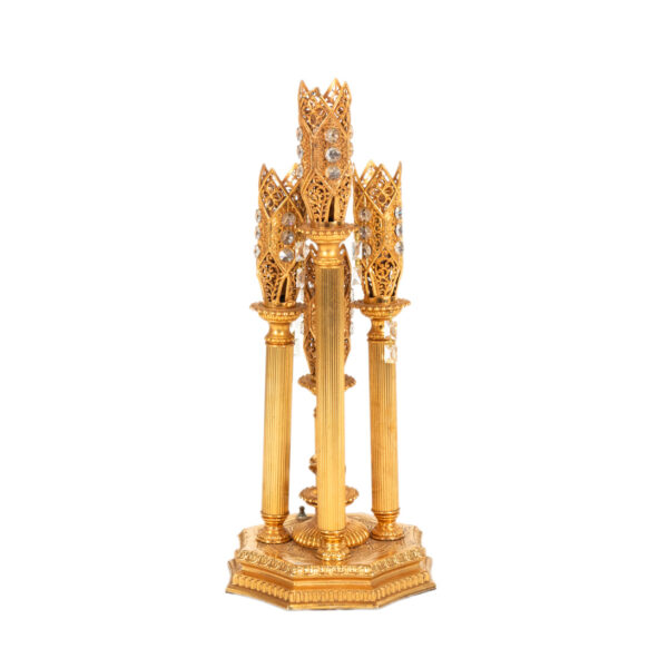 Vintage Gothic Revival Bohemian Gilded Brass Tower Table Lamp with Orange Crystal Drops - Image 1