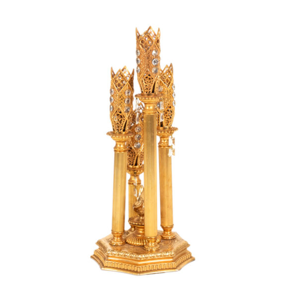 Vintage Gothic Revival Bohemian Gilded Brass Tower Table Lamp with Orange Crystal Drops - Image 2