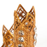 Vintage Gothic Revival Bohemian Gilded Brass Tower Table Lamp with Orange Crystal Drops - Image 4