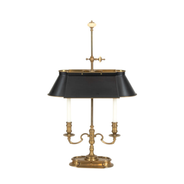 Vintage CHAPMAN Dual Brass Candlestick Lamp with Black Metal Shade - Image 1
