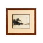 Antique Black and White Print of a Couple and Snowy Farmhouse
