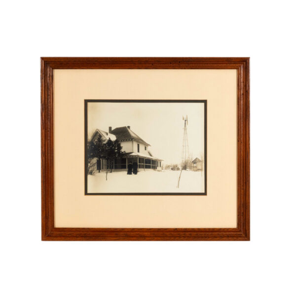 Antique Black and White Print of a Couple and Snowy Farmhouse - Image 1
