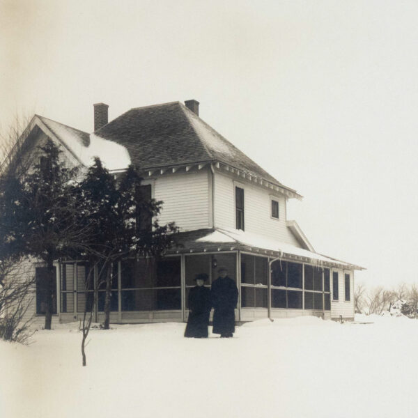 Antique Black and White Print of a Couple and Snowy Farmhouse - Image 2
