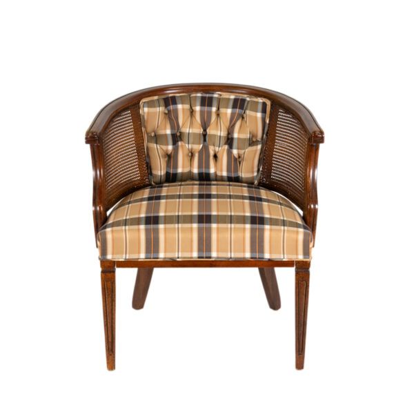 Vintage HENREDON Barrel Back Chair with Plaid Upholstery - Image 1