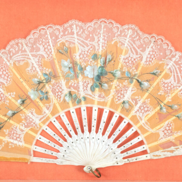 Framed Victorian Hand Painted Fan with Florals and Lace - Image 2