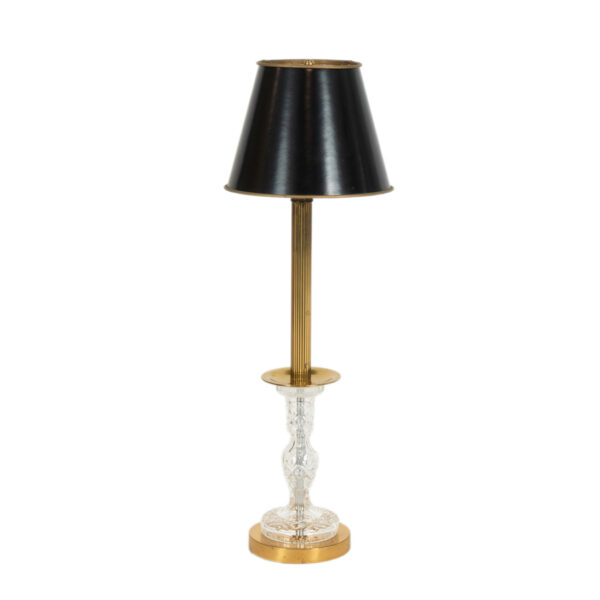 WATERFORD Brass and Crystal Candlestick Lamp with Black Shade - Image 1