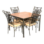 Square Tile Top Dining Table with Four Grid Back Iron Chairs