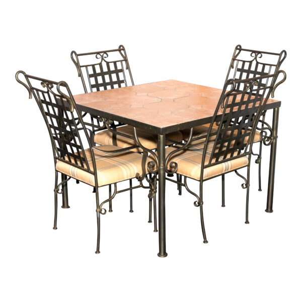 Square Tile Top Dining Table with Four Grid Back Iron Chairs - Image 1