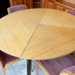 Vintage Round Convertible Pale Wood Dining Table on Dark Legs with 7 Chairs - Image 2