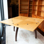 Vintage Round Convertible Pale Wood Dining Table on Dark Legs with 7 Chairs - Image 5