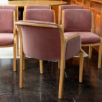 Vintage Round Convertible Pale Wood Dining Table on Dark Legs with 7 Chairs - Image 12