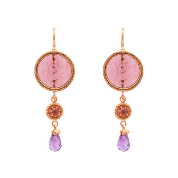 Pair of Molded Glass and Amethyst Drop Earrings in 14 Karat Gold - Image 1