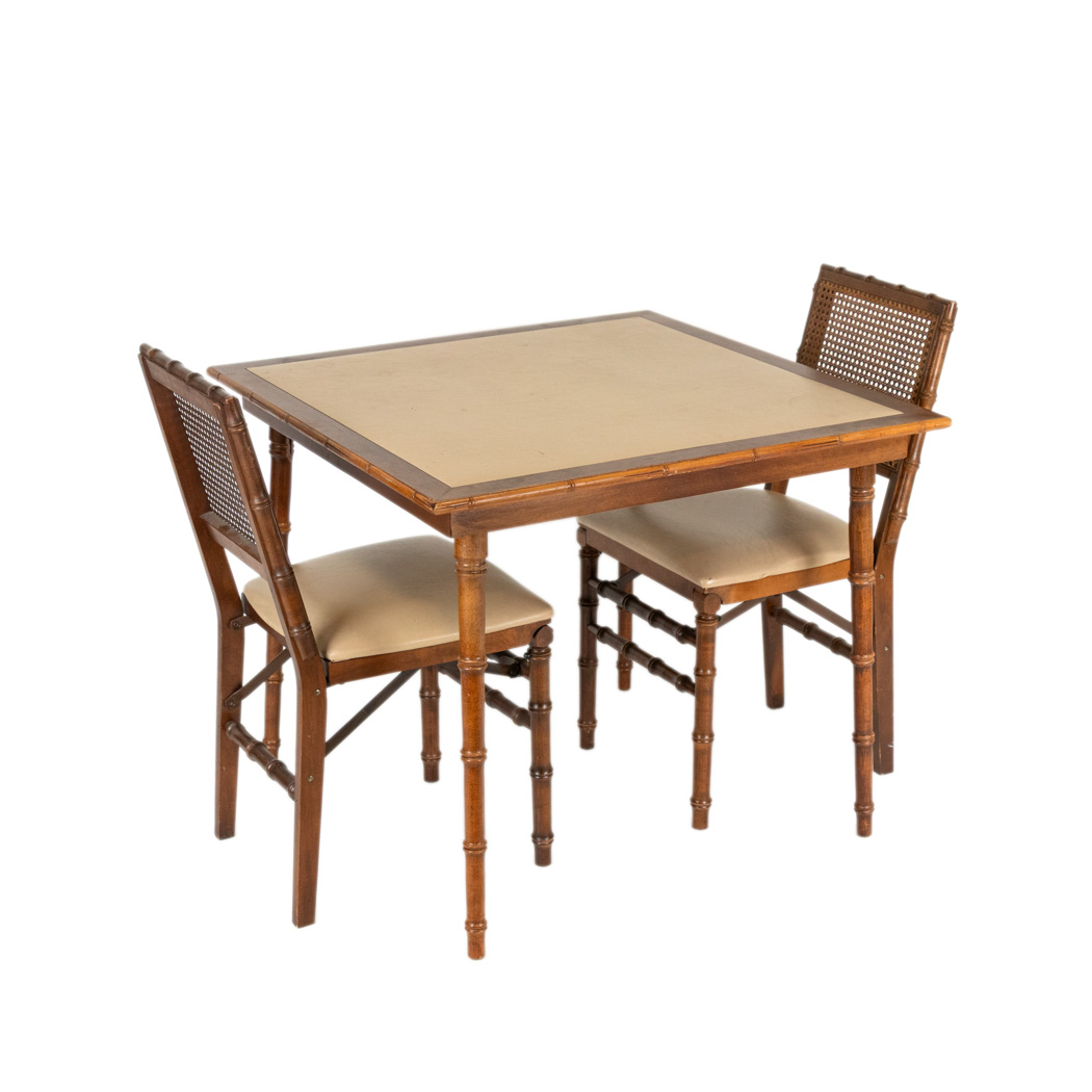 Vintage Square Game Table with Bamboo Style Legs and 2 Cane Back