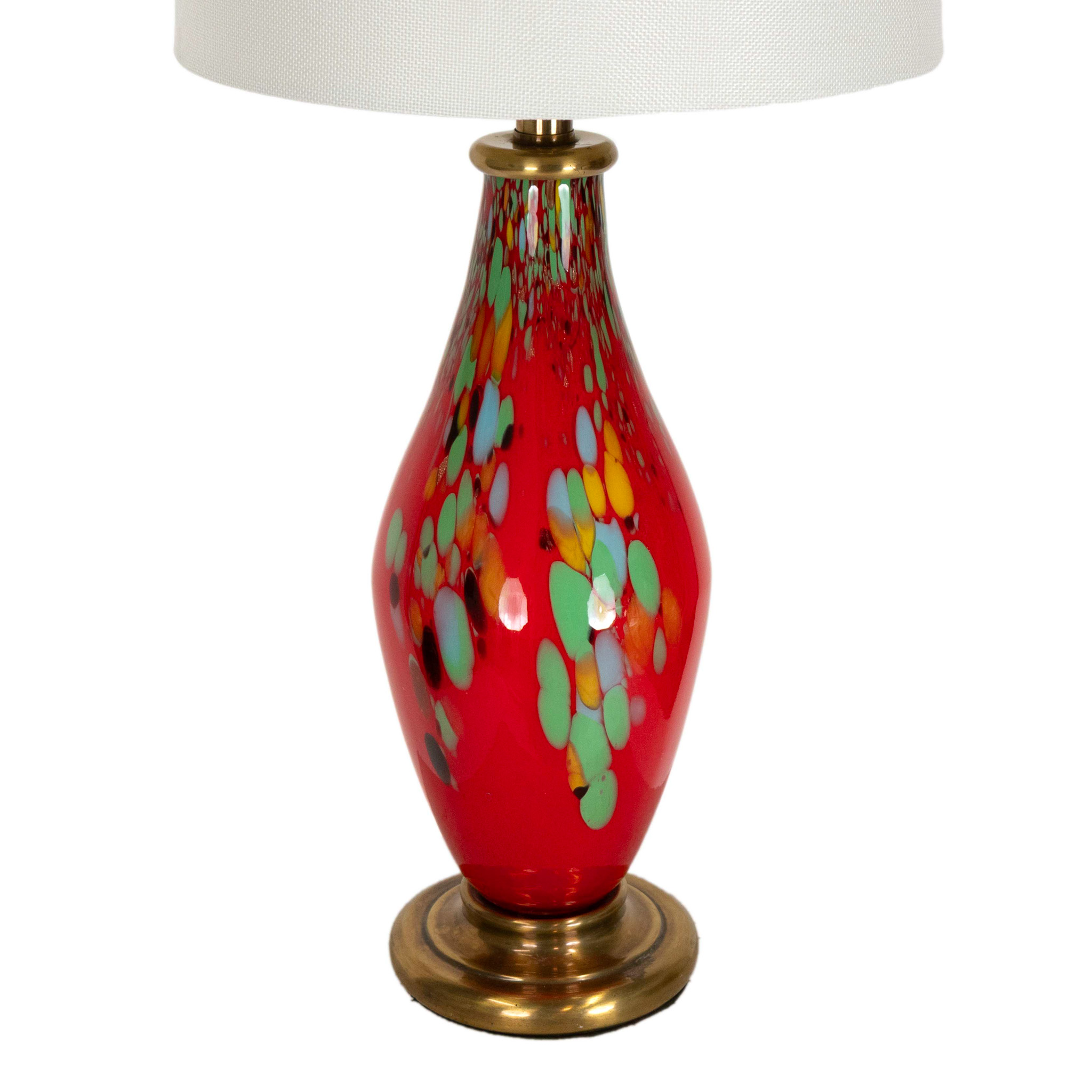Vintage Pair of Red Art Glass Lamps with Multi-Color Patterns