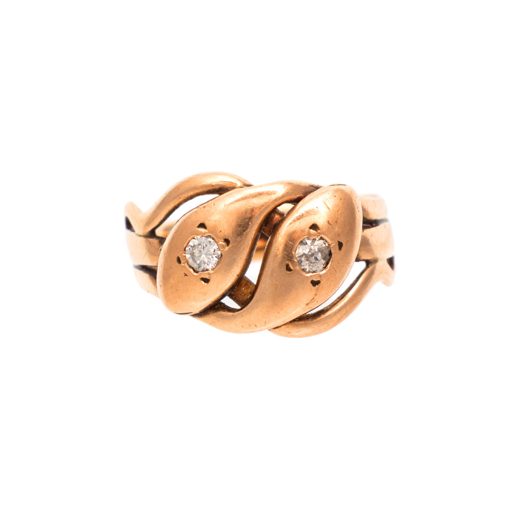 LD_177-3 Antique Victorian Double Snake Ring with Diamond Accents in 10 Karat Gold - Image 1
