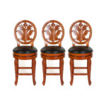 Set of 3 Wood and Leather Bar Stools with Ornate Splat Backs