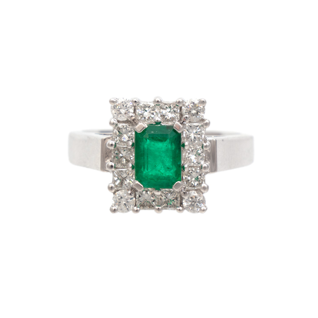 RJ_ML1371-3 1.2 Carat Total Weight White Sapphire and Emerald Ring in 14 Karat White Gold - Image 1