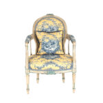 Antiqued French Bergere Chair in Blue and Yellow Toile Upholstery