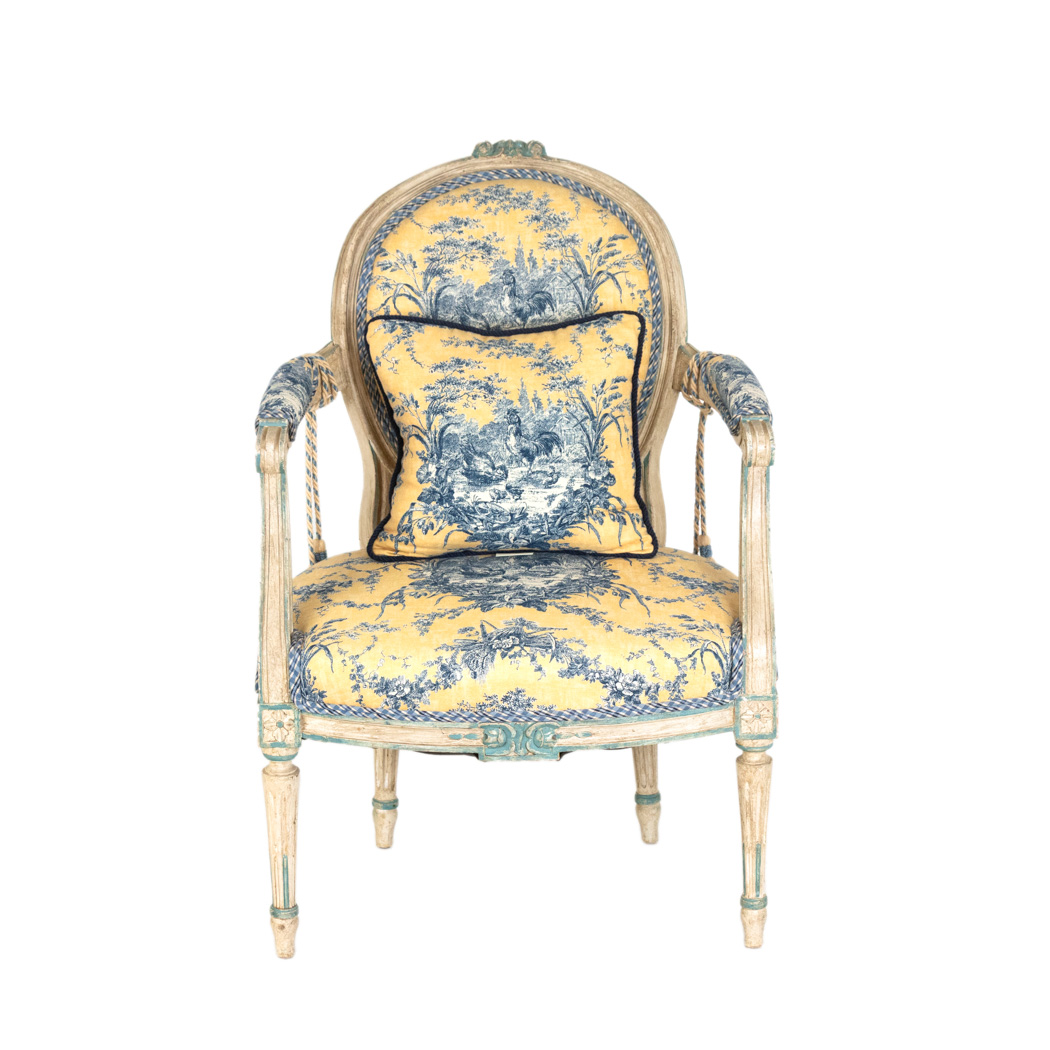 ZSMAX_107-2 Antiqued French Bergere Chair in Blue and Yellow Toile Upholstery - Image 1