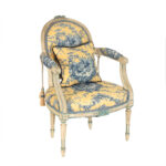 Antiqued French Bergere Chair in Blue and Yellow Toile Upholstery - Image 2