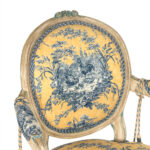 Antiqued French Bergere Chair in Blue and Yellow Toile Upholstery - Image 3